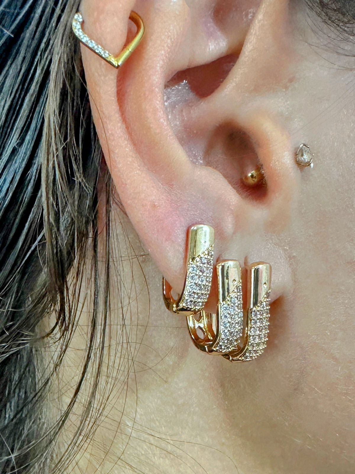 TRIO DE BRINCOS DOURADO DIAGONAL
