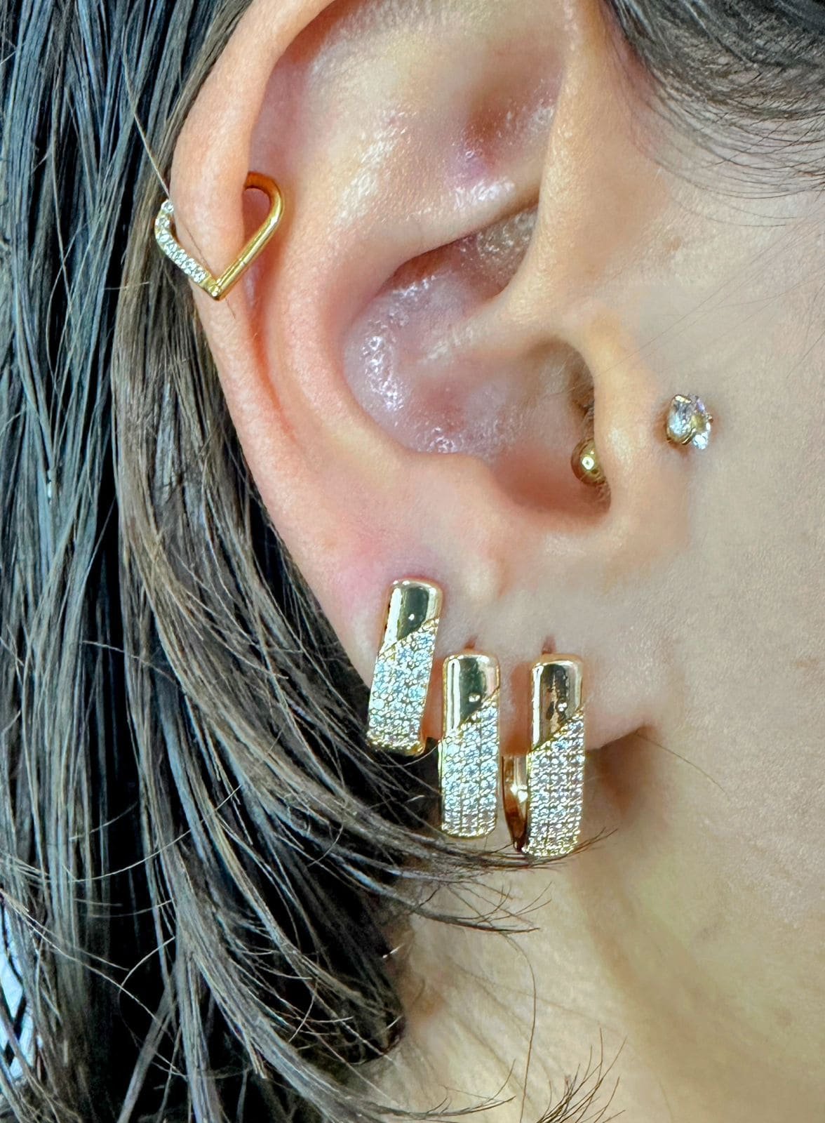 TRIO DE BRINCOS DOURADO DIAGONAL